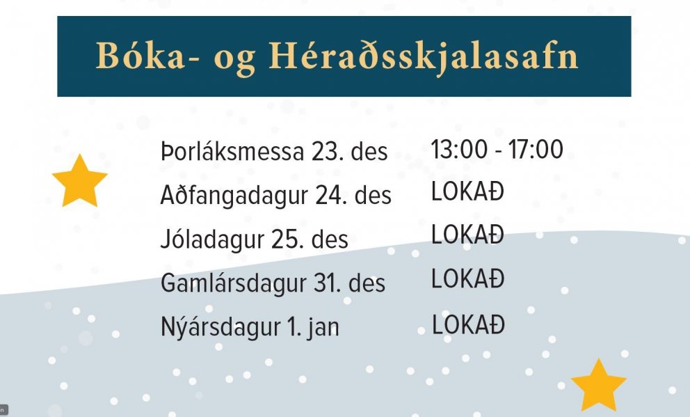 Afgreiðslutíma bóka- og héraðsskjalasafns Fjallabyggðar - Jól og áramót